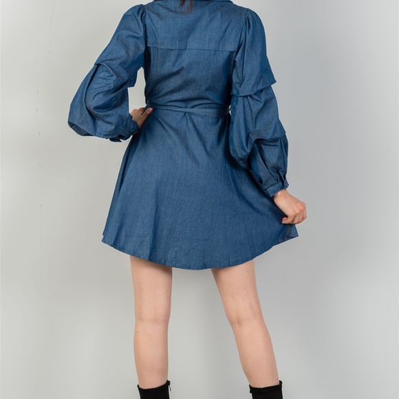 Denim Tiered Sleeve Self Tie Waist Dress - Picture 3 of 5